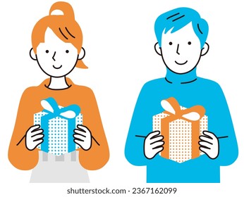 Young woman and young man holding a present box