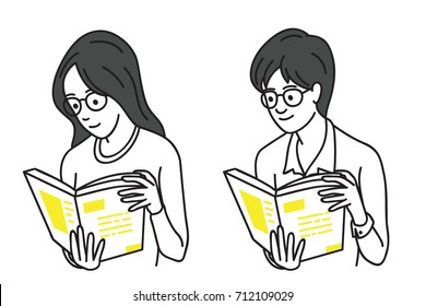 Mulher jovem e homem segurando e lendo livro, conceito de educação, aprendizagem. Ilustração vetorial personagens adolescentes com óculos, contorno, arte de linha fina, linear, desenho de esboço desenhado à mão.