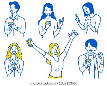 Young woman and man, holding smartphone, are excited, surprised with happy expression. Outline, thin line art, hand drawn sketch design, simple style.