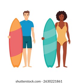 Jovem mulher e homem segurando pranchas de surfe isolados sobre fundo branco. Surfar conceito de verão. Estoque vetorial