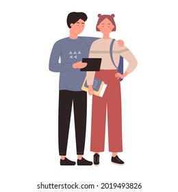 Young woman and man hug, girl guy student characters isolated on white.