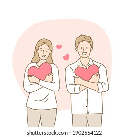 Young woman   young man hugs big heart and love   care  Love your body concept  Love yourself  Valentine's day  Self care   body positive  Hand draw style  Vector illustration 