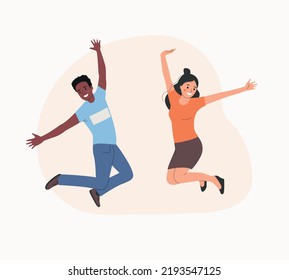  Young woman and man jumped up. People stand full body. Flat style cartoon vector illustration. 