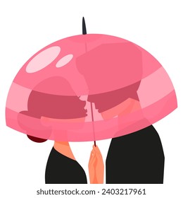 Young woman and man kiss. Cute design for romantic card. Illustration with man and woman kissing under umbrella. Cartoon romantic couple kissing flat vector illustration.Illustration on Valentine Day.