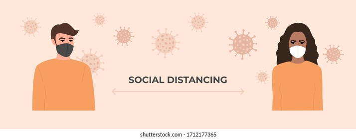 Young woman and man in medical respiratory mask maintain a social distance in public places, 2 meter or 6 feet from each other. Coronavirus, quarantine time. Vector illustration in a flat style. 