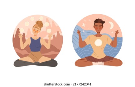 Young woman and man meditating in Lotus position. People practicing yoga and breathing exercise set vector illustration isolated on white