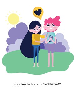 young woman and man with mobile love message social media vector illustration