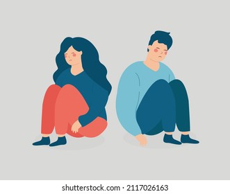 
Young woman and man on the brink of breakup or divorce. Couple sitting back to back and without speaking. Two friends argue and quarrel look sad. Relationship difficulty, family crisis concept.