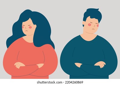 Young woman and man on the brink of breakup or divorce. Heartbroken sad couple. Two friends argue and quarrel look sad. Relationship difficulty, family crisis concept. Vector illustration