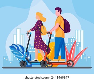 Mujer joven y hombre en patada scooter. Chica y chico con mochila rodando en scooter eléctrico. Personaje hipster utiliza el transporte urbano moderno. Transporte urbano ecológico. Ilustración vectorial plana