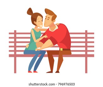 Young woman and man on a romantic date.  Lovers kissing on the bench. Couple in love. Valentine's day. Vector illustration in a flat style isolated on white.