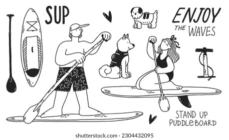 Young woman and man on stand up paddle board. Dogs in life vests. Cartoon girl and boy surfing on SUP. Black and white vector set of hand-drawn illustrations