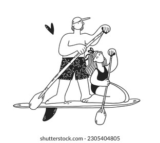 Young woman and man on stand up paddle board. Cartoon girl and boy in love on SUP surfing in the sea. Black and white vector illustration