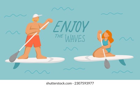 Young woman and man on stand up paddle board. Cartoon girl and boy on SUP surfing, puddling in the sea. Cute vector illustrations