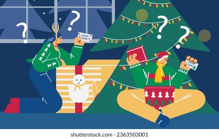 Young woman and man open huge boxes in the room near Christmas tree. Gifts and postcards from secret Santa Claus for christmas and happy new year. Vector illustration cartoon surprise present