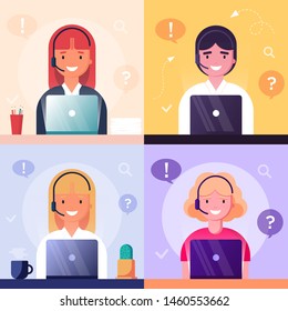 Young woman and man Operator of call center office drinking coffee and working with laptop in headphones. Customer service character answer questions and find solution. Illustration vector. 