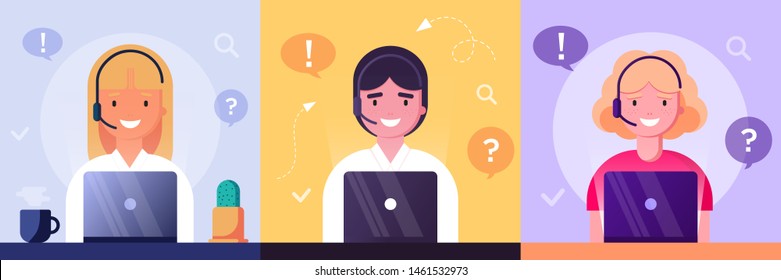 Young woman and man Operator of call center office drinking coffee and working with laptop in headphones. Customer service character answer questions and find solution. Illustration vector. 