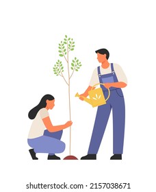 Young woman and man are planting and watering a tree. People care about the environment. Plant sprout growing and cultivation. Volunteering concept.