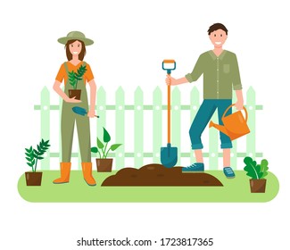 Junge Frau und Mann mit Pflanzen und Gartenwerkzeugen im Garten. Gartenkonzeption. Frühlings- oder Sommerbanner oder Hintergrund, Vektorgrafik.