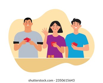 Young woman and man playing cards together, indoors at home on holiday weekend. Having fun with friends. Character designs. Vector flat illustration