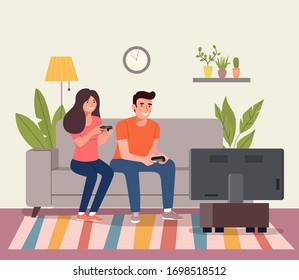 Young woman and man playing videogame on the sofa. Vector flat style illustration