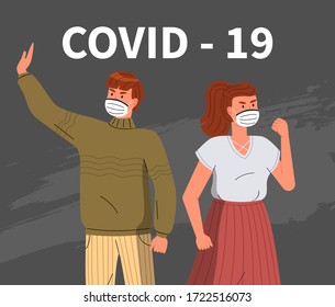 Young woman and man protesting against spreading virus. People wearing face medical masks call to fight with dangerous epidemy, show stop gesture and protesting against covid-19 at grey background
