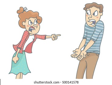 Young woman and man in quarrel, screaming and shouting at each other. Vector illustration of couple argue due to love relationship problems, isolated, white background.