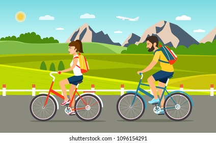 Young woman and man ride the bike. Summer moutain landscape. Flat vector illustration