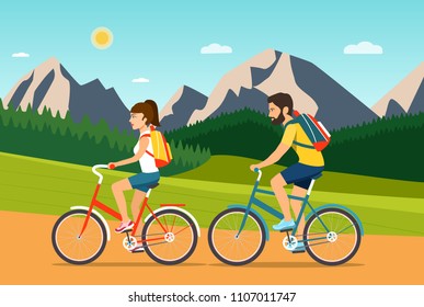 Young woman and man ride the bike. Summer moutain and forest landscape. Flat vector illustration