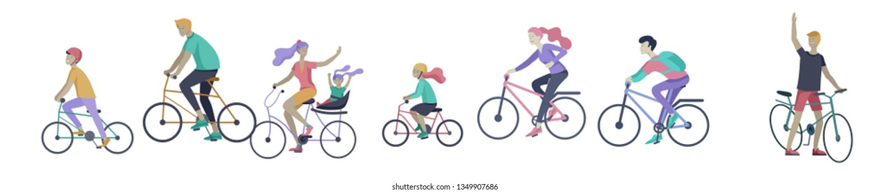 Young woman and man ride the bike, family and friends riding bicycles. Mom, dad and children on bike and cycling together. Sports outdoor activity. Cartoon vector illustration