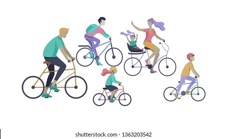 Young woman and man ride the bike, family and friends riding bicycles. Mom, dad and children on bike and cycling together. Sports outdoor activity. Cartoon vector illustration