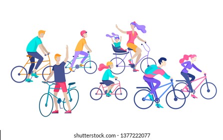 Young woman and man ride the bike, family and friends riding bicycles. Mom, dad and children on bike and cycling together. Sports outdoor activity. Cartoon vector illustration