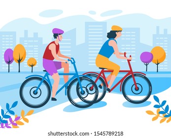 Young woman and man ride the bike in the park. Flat vector illustration