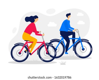 Young woman and man ride the bike.
