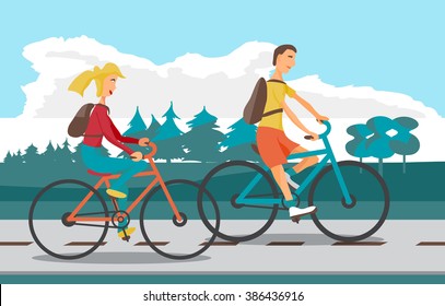 Young woman and man ride the bike on the beach. Healthy leisure and freedom riding bike. Woman and man with backpacks pedaling on summer time. Sea shore in summer time. Flat vector color illustration