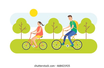 Young woman and man ride the bike. Vector illustration cartoon vacation on bicycles.