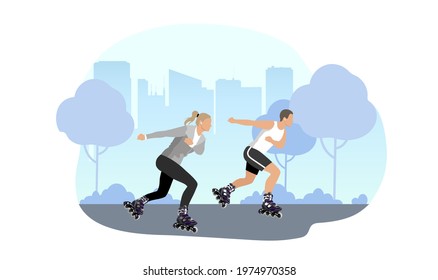 Young woman and man riding roller skates in a city park. Girl and boy roller skating. Vector illustration.