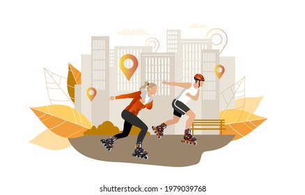 Young woman and man riding roller skates in a city park. Girl and boy roller skating. Vector illustration.