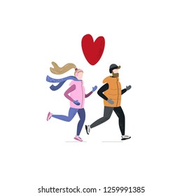 Young woman and man running together in winter cold season. Handdrawn vector illustration