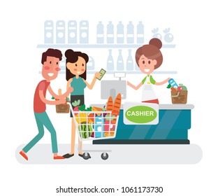 Young woman and man shopping  in supermarket