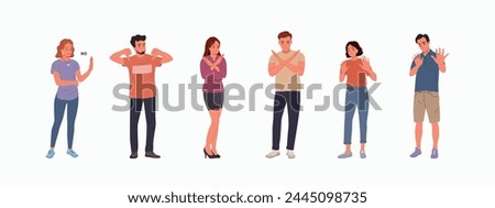 Young woman and man shows a negative gesture and stop.Vector cartoon flat style illustration