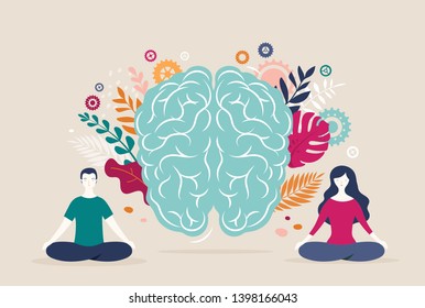 Young woman and man sit with crossed legs and meditate with brain icon on the background. Vector illustration