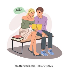 A young woman and man sit on a bench reading a book, surrounded by stacked books, in a flat cartoon style on a white background. Concept of shared learning. Vector illustration