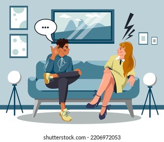 A young woman and a man are sitting on the sofa and arguing with each other.A married couple has problems in their relationship. Family quarrels, divorce. Internal conflict, life crisis. Vector