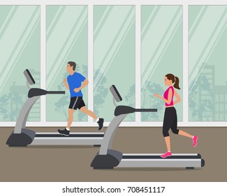 Young woman and man in a sporty uniform are running on a treadmill on a window background. Vector illustration.
