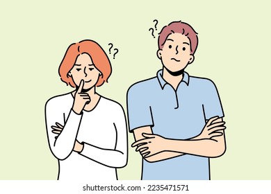 Young woman, man stand side by side in disbelief. Guy, girl do not understand, do not trust each other. Differences in worldview, culture, faith, behavior, education. Vector thin line illustration.