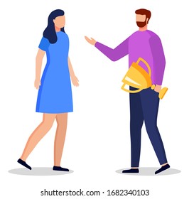 Young woman and man standing and talking together. Friends have conversation about success. Male with golden cup in hands. People isolated on white background. Vector illustration in flat style