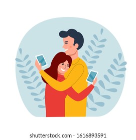 Young woman and man standing together embracing and checking their phones. Flat vector illustration.