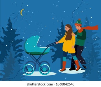 Young woman and man with stroller.Parents are walking with infant baby in winter night forest.Happiness of Childhood.Flat cartoon vector illustration.Newborn Kid.Spending time together outdoors