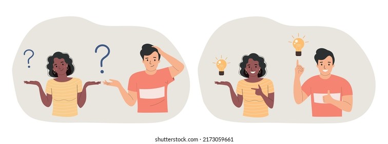  Young woman and man surrounded by a question mark and finding new idea. Shiny light bulb. Flat style cartoon vector illustration. 